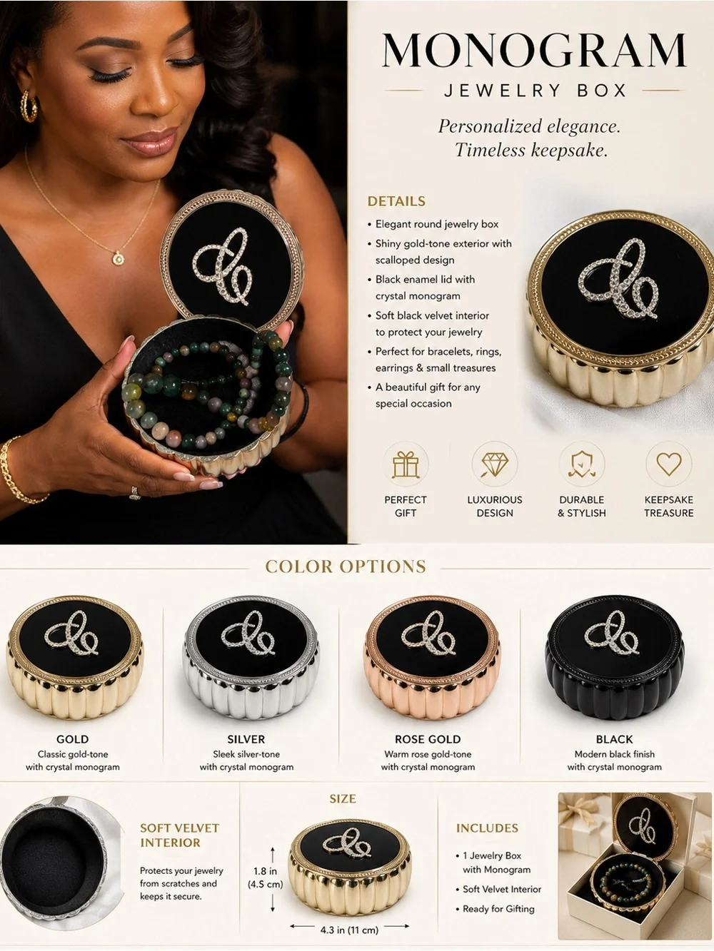 Monogram Jewelry Box - Black Velvet Top with Gold Exterior-little wear/tear